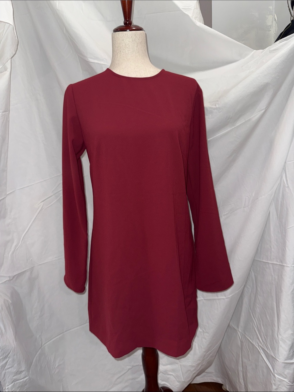 Mango Long Sleeve Shift Dress in Burgundy
